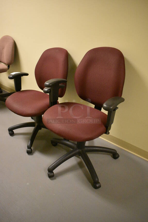 2 Red Office Chairs w/ Arm Rests on Casters. 24x22x39. 2 Times Your Bid! (south basement hallway by 022) - Image 4 of 4