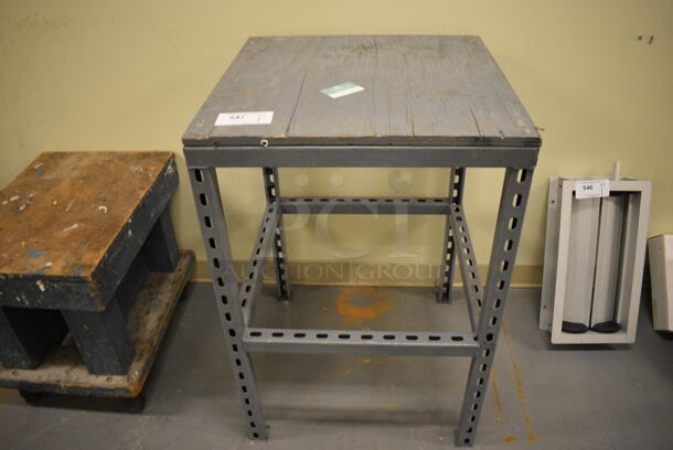 Gray Metal Table w/ Wood Pattern Tabletop. 24x24x36. (north basement 004)