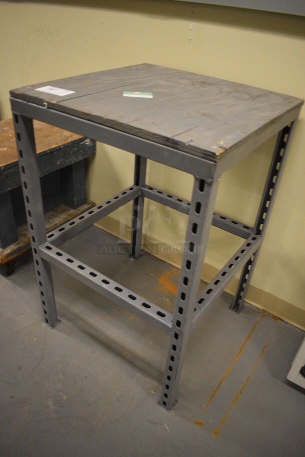 Gray Metal Table w/ Wood Pattern Tabletop. 24x24x36. (north basement 004) - Image 2 of 4