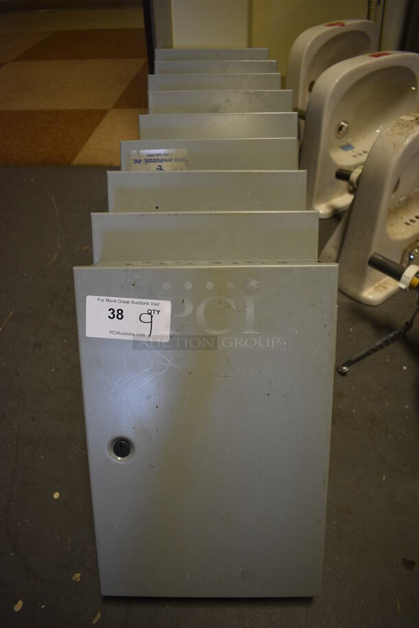 9 Hoffman Gray Metal Boxes. 12.5x4.5x18.5. 9 Times Your Bid! (room 102)