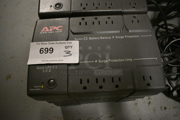 3 APC Back UPS ES 500 Uninterruptible Power Supply. 7x10.5x3.5. 3 Times Your Bid! (south basement 012)
