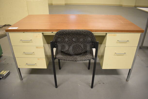 Tan Metal Desk w/ 5 Drawers and Wood Pattern Desk Top. Comes w/ Black Chair. 60x30x29, 19x17x32. (south basement 017) - Image 1 of 5