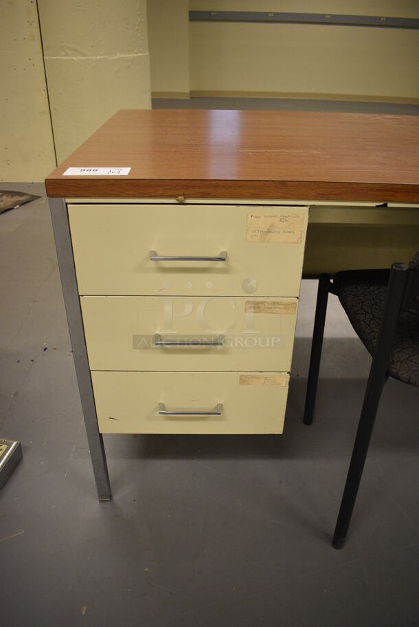 Tan Metal Desk w/ 5 Drawers and Wood Pattern Desk Top. Comes w/ Black Chair. 60x30x29, 19x17x32. (south basement 017) - Image 2 of 5