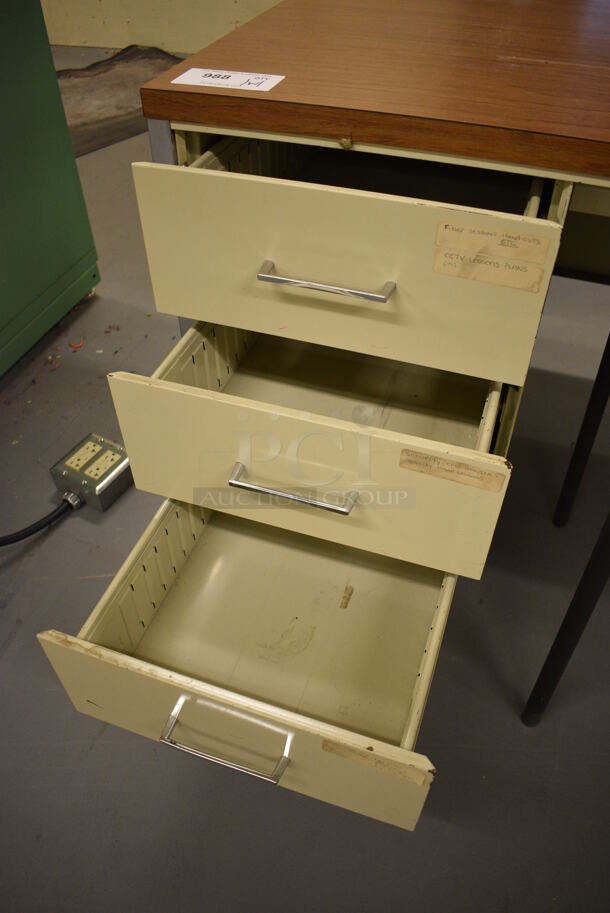 Tan Metal Desk w/ 5 Drawers and Wood Pattern Desk Top. Comes w/ Black Chair. 60x30x29, 19x17x32. (south basement 017) - Image 3 of 5