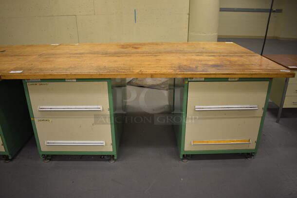 Butcher Block Tabletop on 2 Metal Two Drawer Cabinets. 96x30x37. (south basement 017)