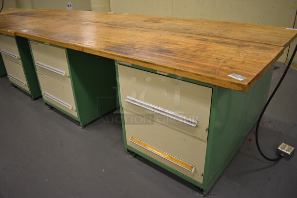Butcher Block Tabletop on 2 Metal Two Drawer Cabinets. 96x30x37. (south basement 017) - Image 2 of 4