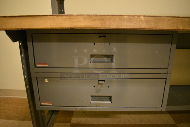 Gray Metal Table w/ 2 Drawers and Under Shelf. BUYER MUST REMOVE: Give Yourself Ample Time To Remove This Item on Pick Up Day. 72x34x48. (room 108a) - Image 4 of 7