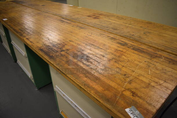 Butcher Block Tabletop on 2 Metal Two Drawer Cabinets. 96x30x37. (south basement 017) - Image 3 of 4