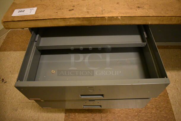 Gray Metal Table w/ 2 Drawers and Under Shelf. BUYER MUST REMOVE: Give Yourself Ample Time To Remove This Item on Pick Up Day. 72x34x48. (room 108a) - Image 5 of 7