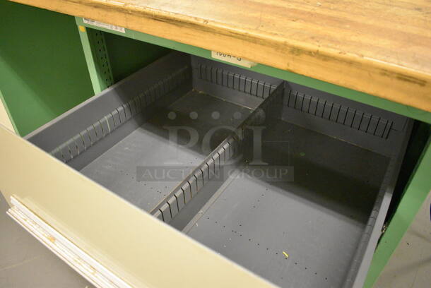 Butcher Block Tabletop on 2 Metal Two Drawer Cabinets. 96x30x37. (south basement 017) - Image 4 of 4