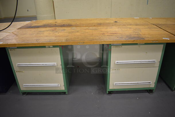 Butcher Block Tabletop on 2 Metal Two Drawer Cabinets. 96x30x37. (south basement 017)