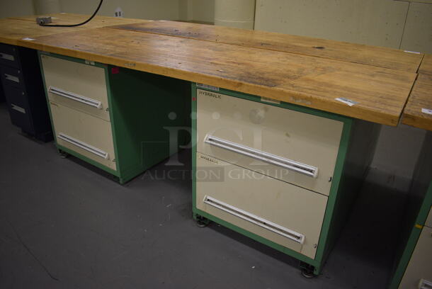 Butcher Block Tabletop on 2 Metal Two Drawer Cabinets. 96x30x37. (south basement 017) - Image 2 of 4