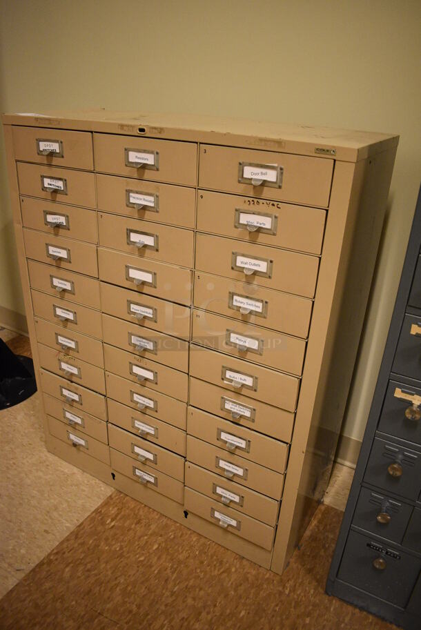 Tan Metal 33 Drawer Filing Cabinet w/ Contents. BUYER MUST REMOVE: Give Yourself Ample Time To Remove This Item on Pick Up Day. 30.5x13x38. (room 108a) - Image 2 of 12