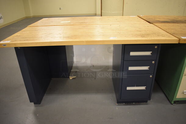 Butcher Block Tabletop on Metal Three Drawer Cabinet. 96x30x37. (south basement 017)