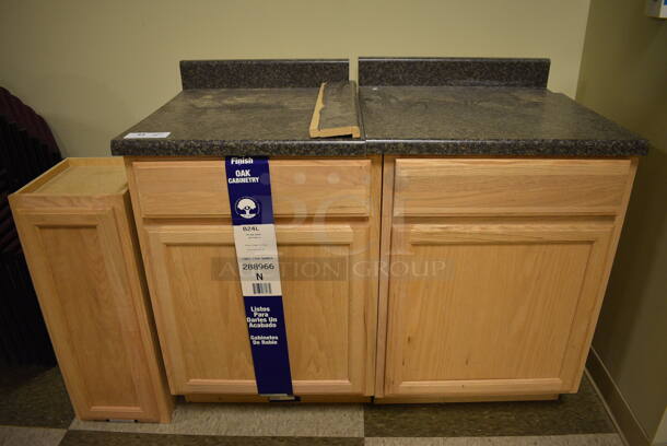 3 Various Wooden Items; 2 Cabinets w/ Countertop and 1 Missing Countertop. 26x25x39, 23x25x39, 12x13x30. 3 Times Your Bid! (room 103)