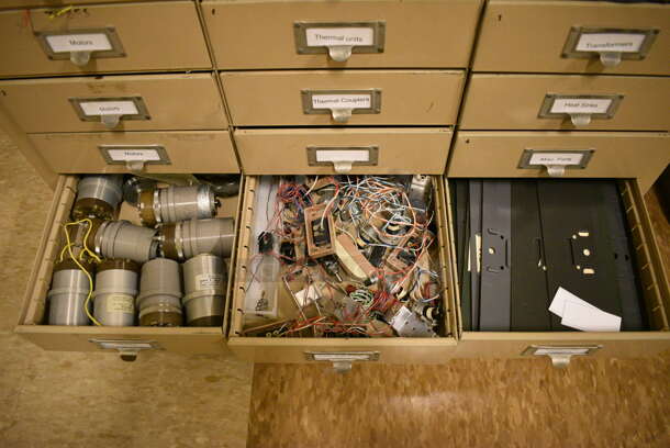 Tan Metal 33 Drawer Filing Cabinet w/ Contents. BUYER MUST REMOVE: Give Yourself Ample Time To Remove This Item on Pick Up Day. 30.5x13x38. (room 108a) - Image 3 of 12