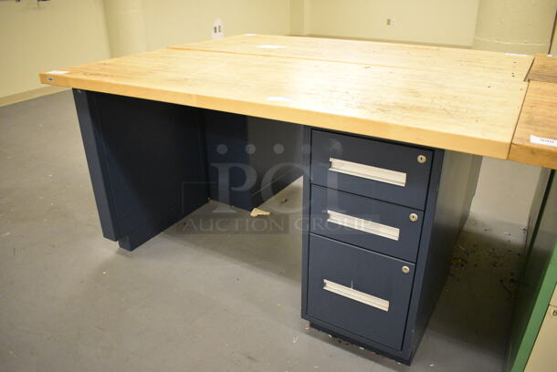 Butcher Block Tabletop on Metal Three Drawer Cabinet. 96x30x37. (south basement 017) - Image 2 of 4