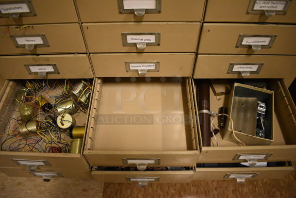 Tan Metal 33 Drawer Filing Cabinet w/ Contents. BUYER MUST REMOVE: Give Yourself Ample Time To Remove This Item on Pick Up Day. 30.5x13x38. (room 108a) - Image 4 of 12