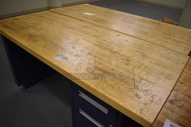 Butcher Block Tabletop on Metal Three Drawer Cabinet. 96x30x37. (south basement 017) - Image 3 of 4