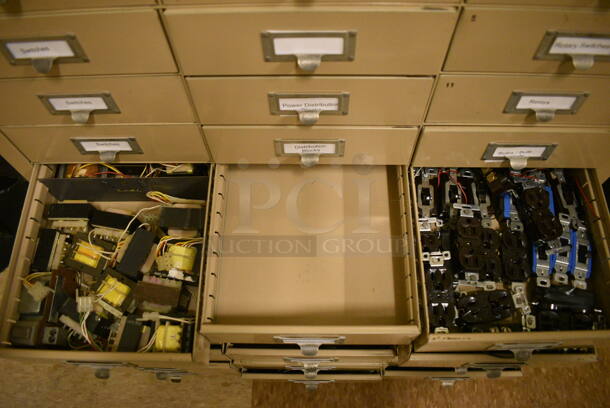Tan Metal 33 Drawer Filing Cabinet w/ Contents. BUYER MUST REMOVE: Give Yourself Ample Time To Remove This Item on Pick Up Day. 30.5x13x38. (room 108a) - Image 6 of 12