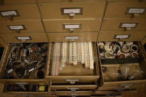 Tan Metal 33 Drawer Filing Cabinet w/ Contents. BUYER MUST REMOVE: Give Yourself Ample Time To Remove This Item on Pick Up Day. 30.5x13x38. (room 108a) - Image 7 of 12