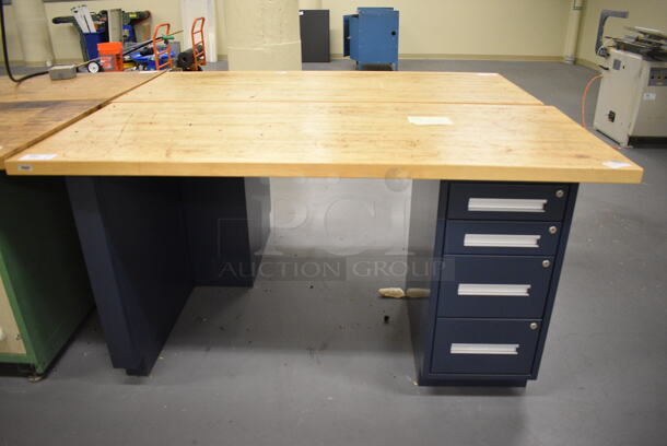 Butcher Block Tabletop on Metal Four Drawer Cabinet. 96x30x37. (south basement 017)