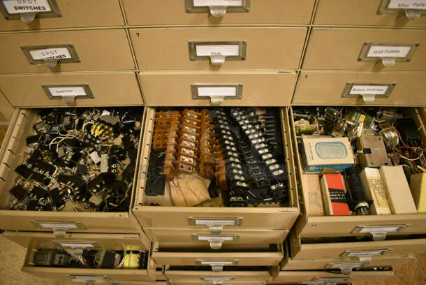 Tan Metal 33 Drawer Filing Cabinet w/ Contents. BUYER MUST REMOVE: Give Yourself Ample Time To Remove This Item on Pick Up Day. 30.5x13x38. (room 108a) - Image 8 of 12