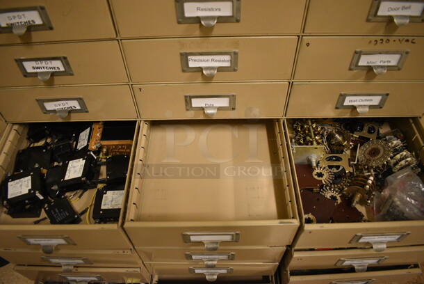 Tan Metal 33 Drawer Filing Cabinet w/ Contents. BUYER MUST REMOVE: Give Yourself Ample Time To Remove This Item on Pick Up Day. 30.5x13x38. (room 108a) - Image 9 of 12