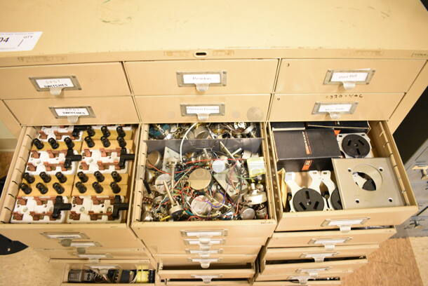 Tan Metal 33 Drawer Filing Cabinet w/ Contents. BUYER MUST REMOVE: Give Yourself Ample Time To Remove This Item on Pick Up Day. 30.5x13x38. (room 108a) - Image 10 of 12