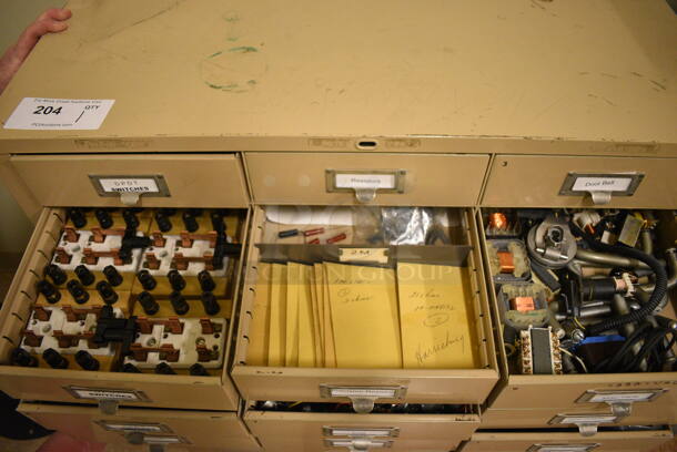Tan Metal 33 Drawer Filing Cabinet w/ Contents. BUYER MUST REMOVE: Give Yourself Ample Time To Remove This Item on Pick Up Day. 30.5x13x38. (room 108a) - Image 11 of 12
