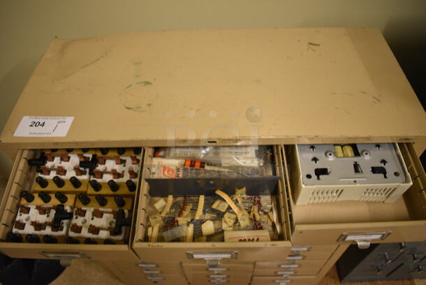 Tan Metal 33 Drawer Filing Cabinet w/ Contents. BUYER MUST REMOVE: Give Yourself Ample Time To Remove This Item on Pick Up Day. 30.5x13x38. (room 108a) - Image 12 of 12