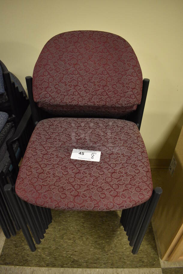 8 Maroon Patterned Chairs on Black Legs. 19x18x32. 8 Times Your Bid! (room 103)