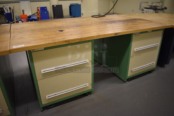 Butcher Block Tabletop on 2 Metal Two Drawer Cabinet. 96x30x37. (south basement 017)