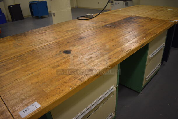 Butcher Block Tabletop on 2 Metal Two Drawer Cabinet. 96x30x37. (south basement 017) - Image 2 of 4