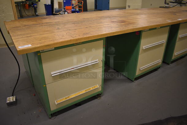 Butcher Block Tabletop on 2 Metal Two Drawer Cabinet. 96x30x37. (south basement 017)