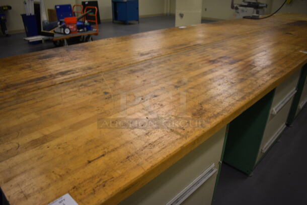Butcher Block Tabletop on 2 Metal Two Drawer Cabinet. 96x30x37. (south basement 017) - Image 2 of 4