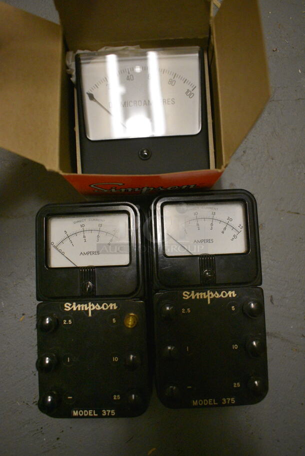 3 Various Items; Two Simpson Model 375 Amperes and 1 Simpson Microamperes. 3x2.5x6, 3x3x2. 3 Times Your Bid! (south basement 012) - Image 1 of 3