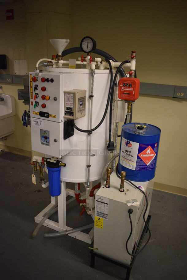Hampden Metal Floor Style Unit w/ Dominick Hunter Box and Methanol Tank. BUYER MUST REMOVE: Give Yourself Ample Time To Remove This Item on Pick Up Day. 36x32x65, 12x24x41. (south basement 017) - Image 2 of 12