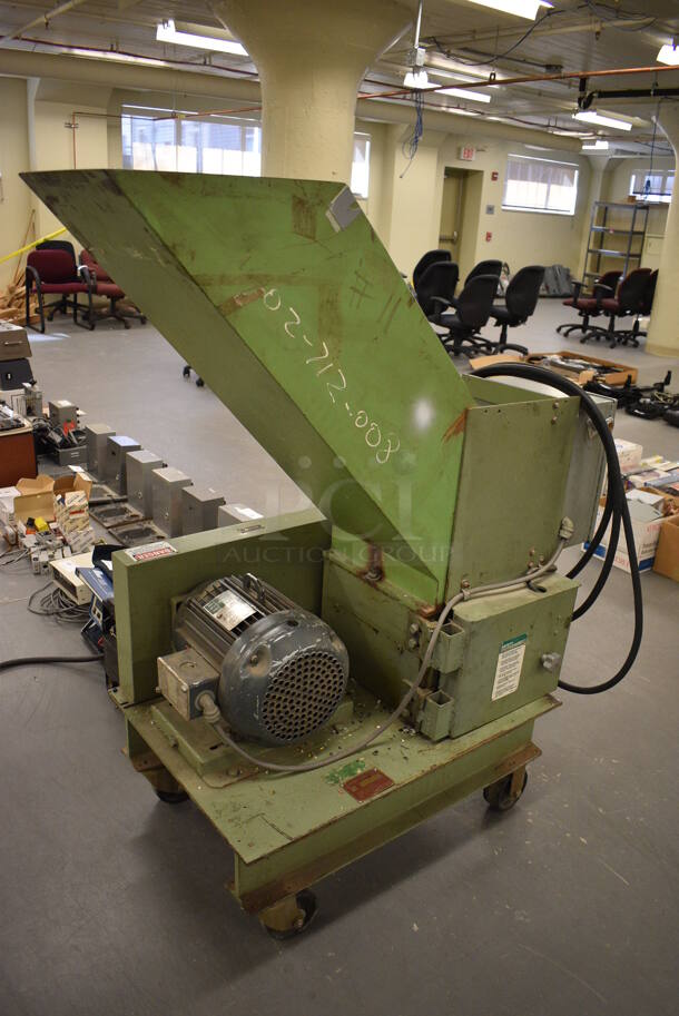 John Brown Plastics Machinery Cumberland Green Metal Floor Style Wood Chipper on Casters. 230 Volts, 3 Phase. BUYER MUST REMOVE: Give Yourself Ample Time To Remove This Item on Pick Up Day. 25x50x56. (south basement 019) - Image 6 of 10