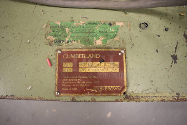 John Brown Plastics Machinery Cumberland Green Metal Floor Style Wood Chipper on Casters. 230 Volts, 3 Phase. BUYER MUST REMOVE: Give Yourself Ample Time To Remove This Item on Pick Up Day. 25x50x56. (south basement 019) - Image 8 of 10