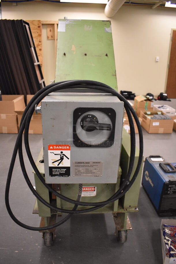 John Brown Plastics Machinery Cumberland Green Metal Floor Style Wood Chipper on Casters. 230 Volts, 3 Phase. BUYER MUST REMOVE: Give Yourself Ample Time To Remove This Item on Pick Up Day. 25x50x56. (south basement 019) - Image 9 of 10