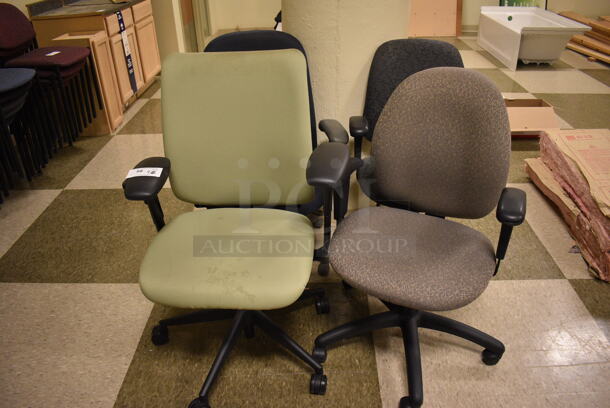 4 Various Office Chairs; Green, Purple, Gray and Blue on Casters. Includes 27x23x41. 4 Times Your Bid! (room 103)