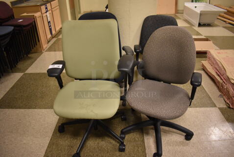 4 Various Office Chairs; Green, Purple, Gray and Blue on Casters. Includes 27x23x41. 4 Times Your Bid! (room 103)