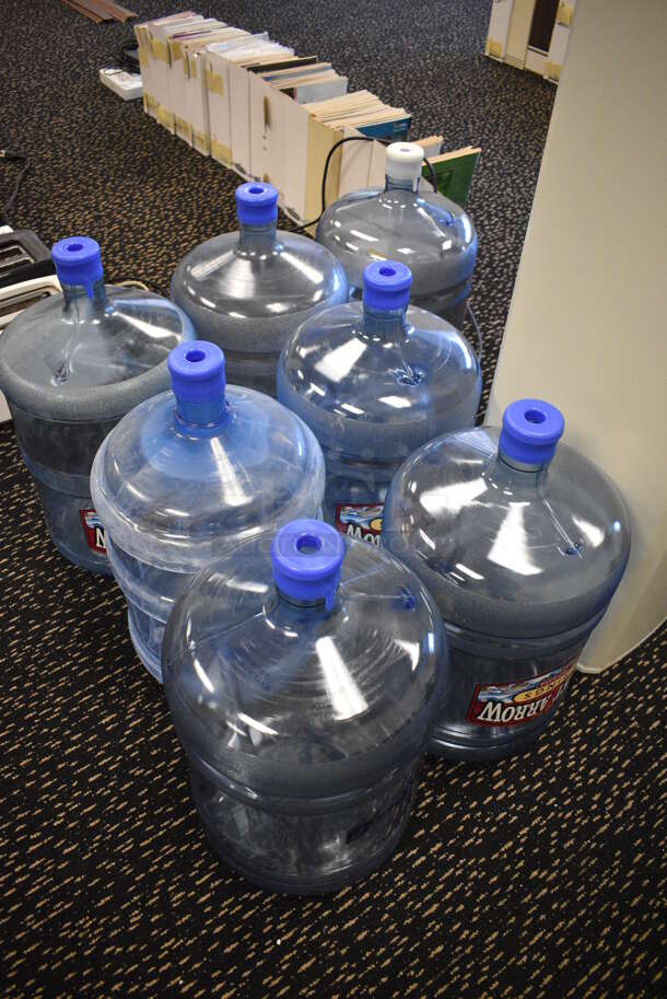 ALL ONE MONEY! Lot of Model B1SRHS-L202 Water Cooler w/ 8 Blue Water Jugs. 12x12x56. (room 204) - Image 3 of 5