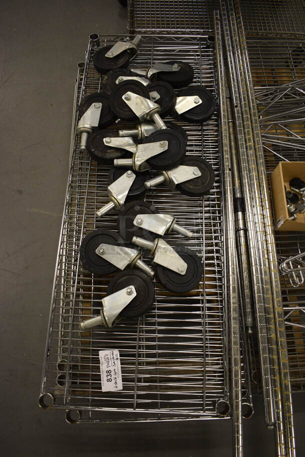 ALL ONE MONEY! Lot of 6 Chrome Finish Shelves, 16 Commercial Casters, 6 Poles and 2 Poles w/ Brackets! Includes 48x18x1.5. (south basement 019) - Image 2 of 5