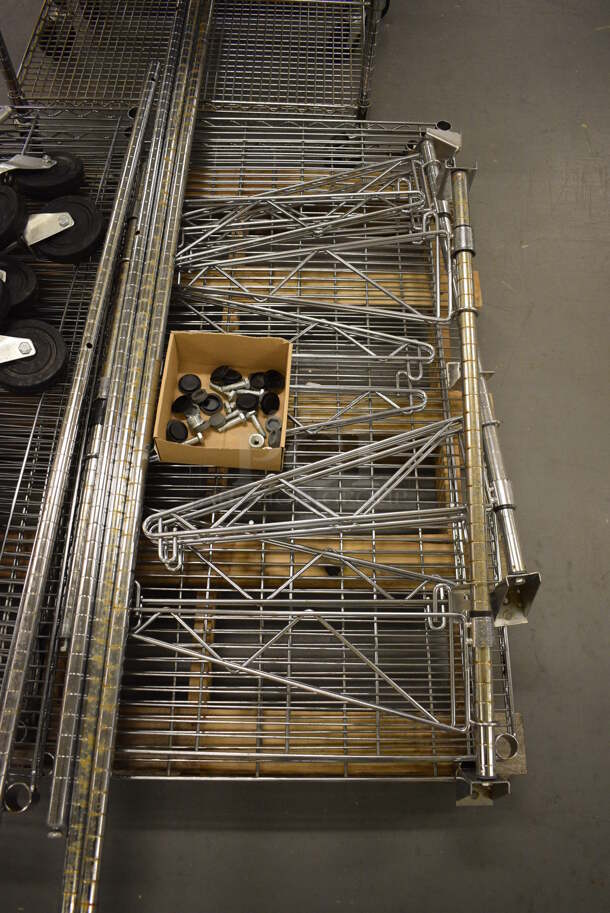 ALL ONE MONEY! Lot of 6 Chrome Finish Shelves, 16 Commercial Casters, 6 Poles and 2 Poles w/ Brackets! Includes 48x18x1.5. (south basement 019) - Image 3 of 5