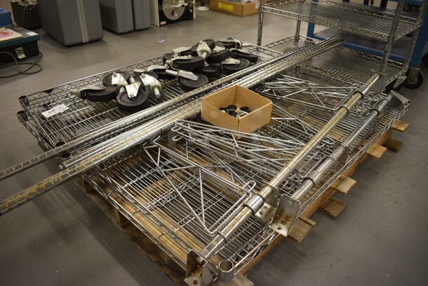 ALL ONE MONEY! Lot of 6 Chrome Finish Shelves, 16 Commercial Casters, 6 Poles and 2 Poles w/ Brackets! Includes 48x18x1.5. (south basement 019) - Image 4 of 5