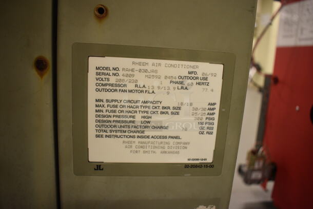 Rheem Classic X Model RAHE-030JAS Metal Commercial Central Air Conditioner. 208/230 Volts, 1 Phase. 23.5x23.5x26. (north basement 004) - Image 4 of 5