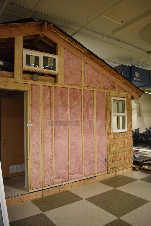 Wooden Small Demo House Frame w/ Insulation, Windows, Ruud Unit, Square D Switch. BUYER MUST REMOVE: Winning Bidder Will Have To Contact HACC To Make an Appointment To Remove This Item Between May 6th and May 13th. 24'X12'X12.5'. (room 103) - Image 10 of 12