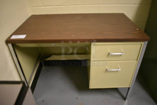 Tan Metal Desk w/ Wood Pattern Desktop. 40x24x29. (south basement 024)